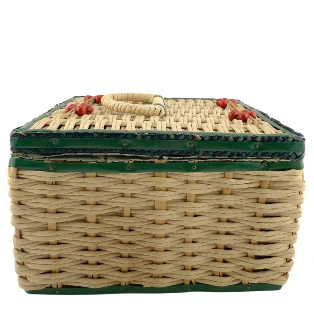 Vintage Japan Wicker Sewing Basket  Cherry Berry Lid Square Box Needs‎ Lining